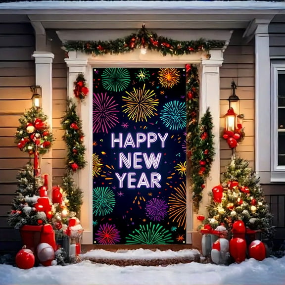 XEOVHV Neon Happy New Year Door Cover - 2025 Party Decoration, Welcome Sign, Colorful Firework Door Hanging,C