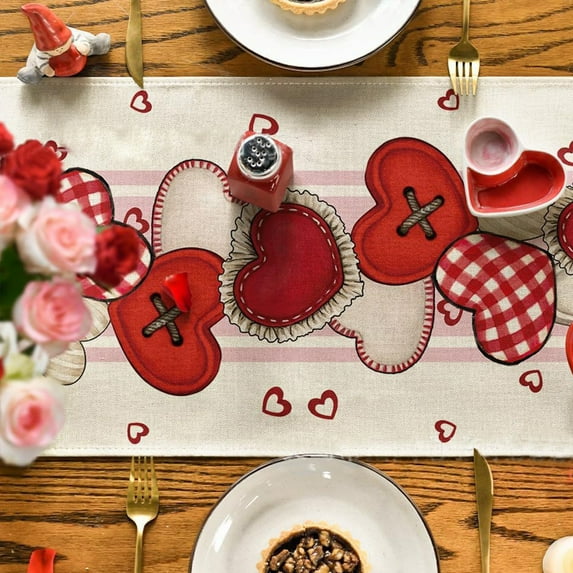 XEOVHV Red Love Heart Valentine's Day Table Runner,Long Dresser Scarf, Mother's Day Canvas Table Runners Anniversary Wedding Kitchen Dining Room,for Home Party Decor 13" x 72"