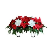 XEOVHV Red and White Poinsettia with Pine Cones Christmas Cemetery Headstone Flower Saddle Arrangement for Grave Decoration, Sympathy, Grave Decoration