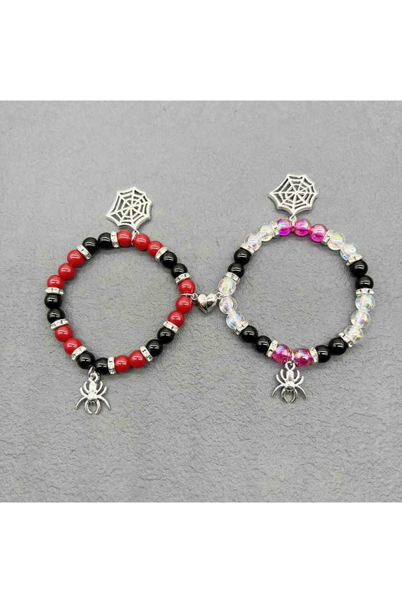 Spider Matching Bracelets for Women Girls, Red Heart Energy Stone Spider Web Beads Bracelet, Relationship Promise for Best Friends Couple Halloween Jewelry Gifts