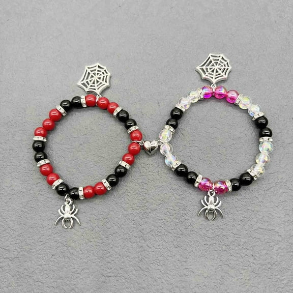 XEOVHV Spider Matching Bracelets for Women Girls, Red Heart Energy Stone Spider Web Beads Bracelet, Relationship Promise for Best Friends Couple Halloween Jewelry Gifts