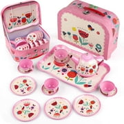 XEOVHV Tea Set for Little Girls ,15 Pcs Tin Tea Set for Kids Tea Time Includes Teapot, 4 Tea Cup and Saucers Set & 4 Snack Plates , Llama Tea Party Set with Carrying Case