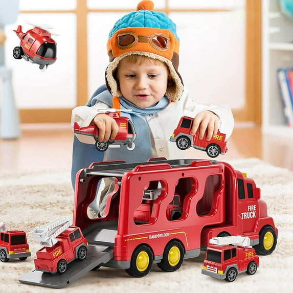 XEOVHV Toddler Trucks Toys for Boys Age 1-3 3-5, 5 in 1 Fire Car Truck for Girls 1 2 3 4 5 6 Years Old, Christmas Birthday Gift Car Sets with Light Sound