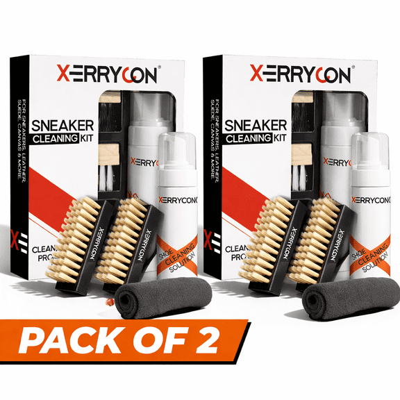 XERRYCON Shoe Cleaning Kit White Sneaker Cleaner, Foam Solution with Brush Set for Suede & Leather Shoes Pack 2