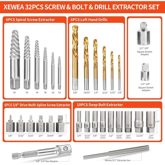 XEWEA 31PCS Screw & Bolt Extractor Set with Left-Hand Drill Bits, Deep Bolt Remover Kit for Damaged, Stripped, Frozen, Rusted Bolts & Nuts, Easy Out Tool Set with Adapters