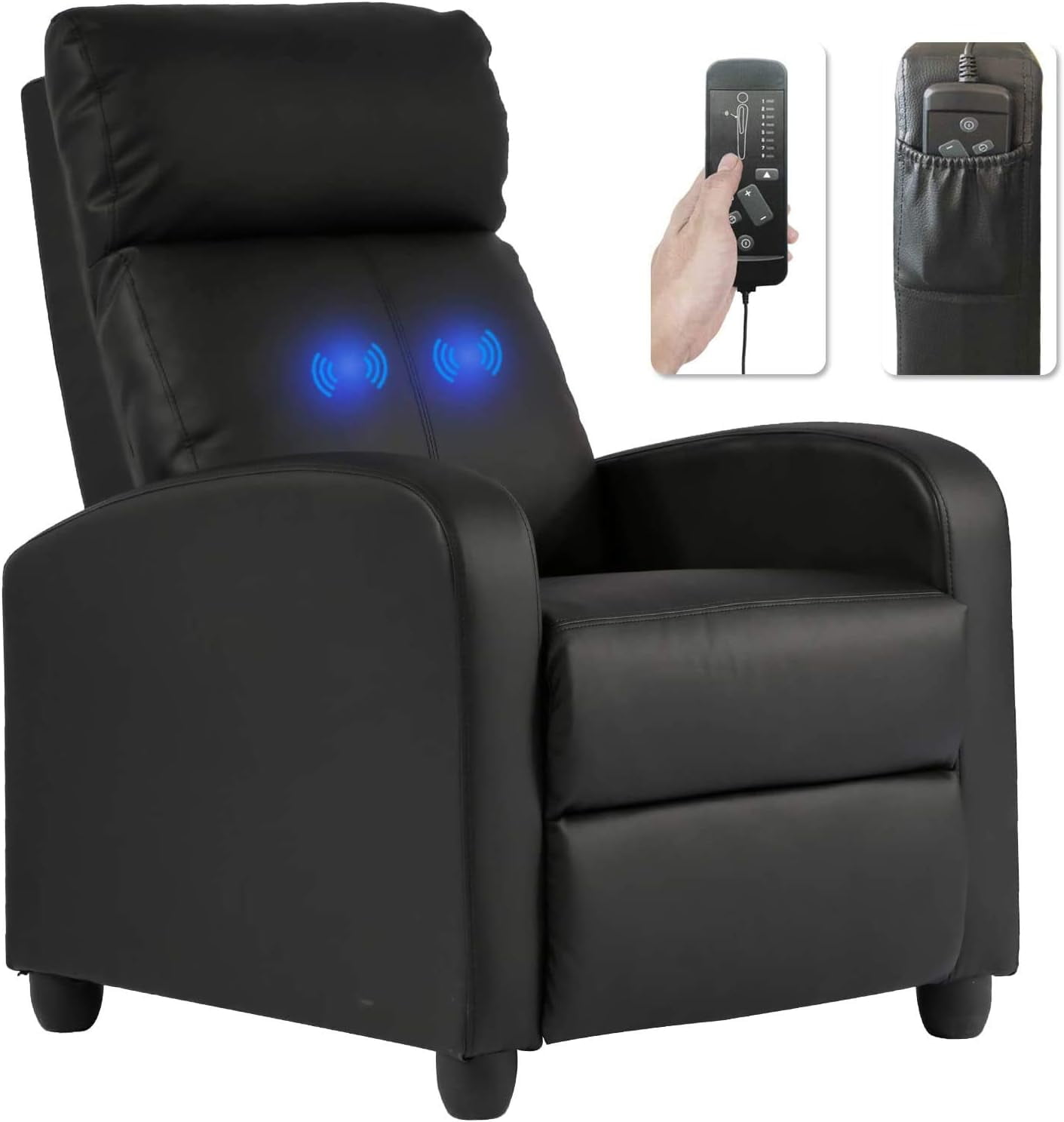 Black Leather Recliner Chair with Massage and Wood Frame