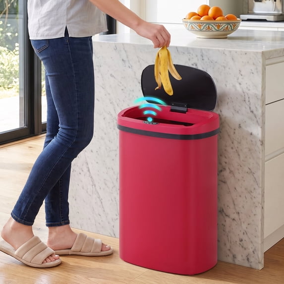 XF XINFENG 13 Gallon 49 L Automatic Trash Can with Soft Close Lid, Sensor, Touch FreeGarbage Can, Waste Bin, for Bathroom/Double Bed/Bedroom/Home/Office, Red