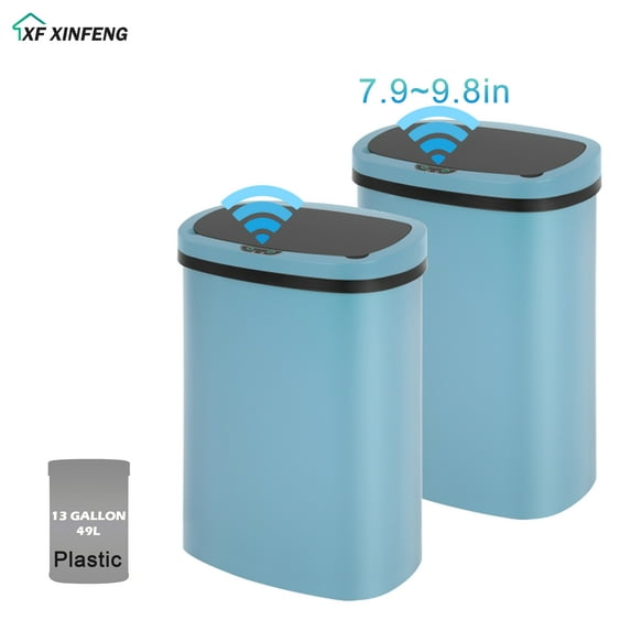 XF XINFENG 13 Gallon 49L Kitchen Automatic Trash Can Touchfree Sensor Plastic Garbage Bin with Lid High Capacity Waste Bins for Home Office, Blue-Set of 2