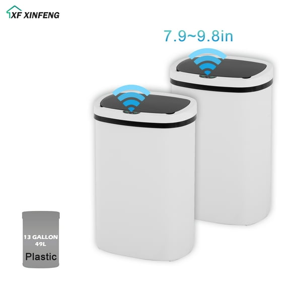 XF XINFENG 13 Gallon 49L Kitchen Automatic Trash Can Touchfree Sensor Plastic Garbage Bin with Lid High Capacity Waste Bins for Home Office, White-Set of 2