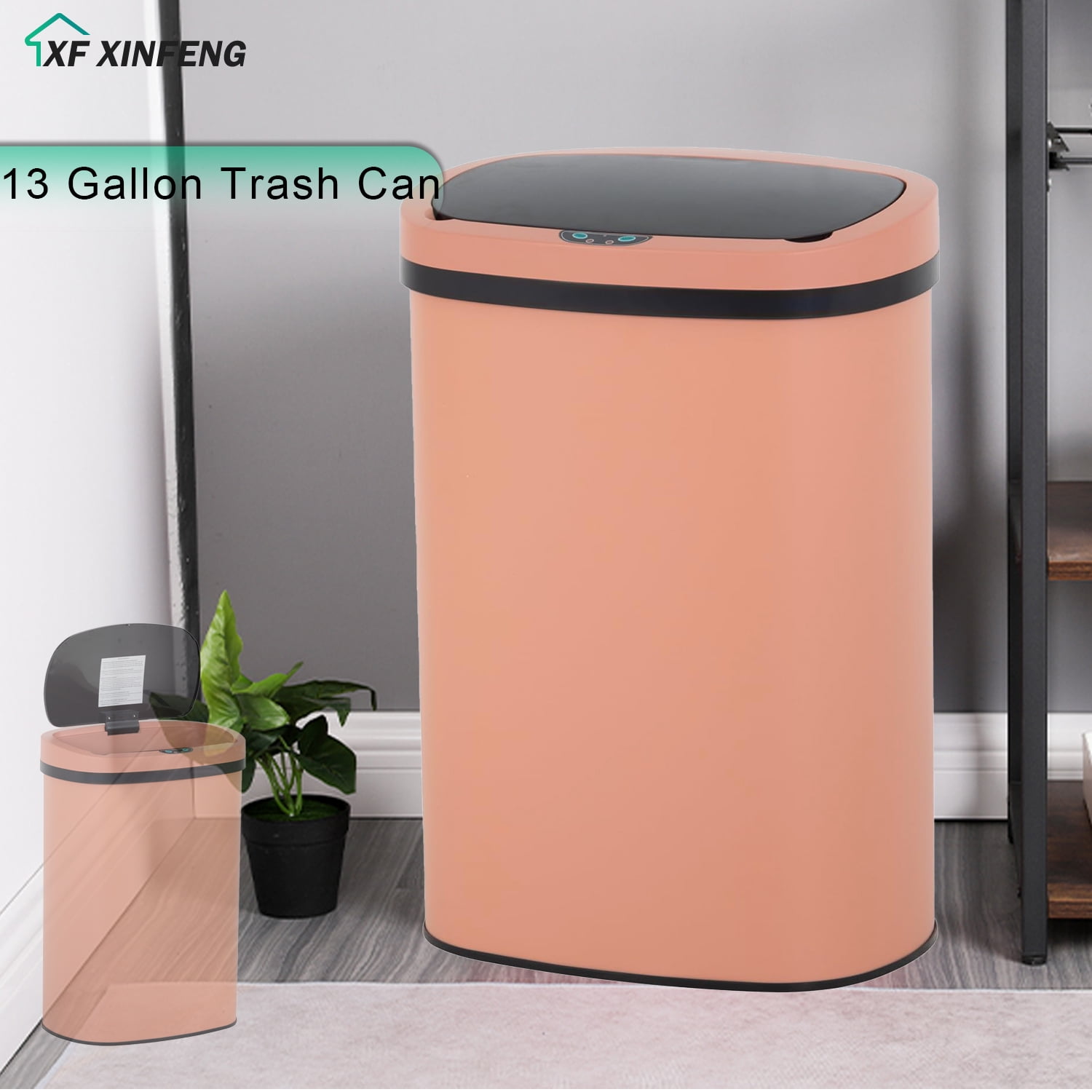XF XINFENG 13 Gallon 50 Liter Garbage Can Kitchen Trash Can with Lid Automatic Sensor Touch Free Stainless Steel Waste Bin for Bathroom/Bedroom/Home/Office, Pink