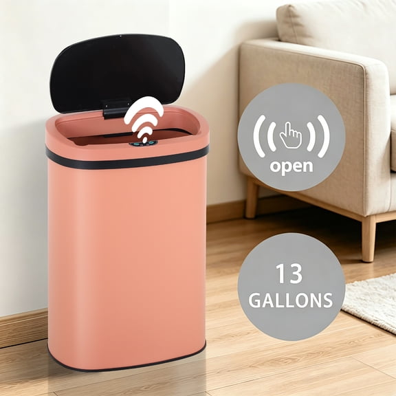 XF XINFENG 13 Gallon 50 Liter Garbage Can Kitchen Trash Can with Lid Automatic Sensor Touch Free Stainless Steel Waste Bin for Bathroom/Bedroom/Home/Office, Pink