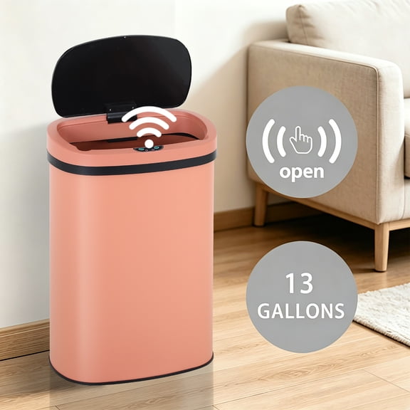 XF XINFENG 13 Gallon 50 Liter Garbage Can Kitchen Trash Can with Lid Automatic Sensor Touch Free Stainless Steel Waste Bin for Bathroom/Bedroom/Home/Office, Pink