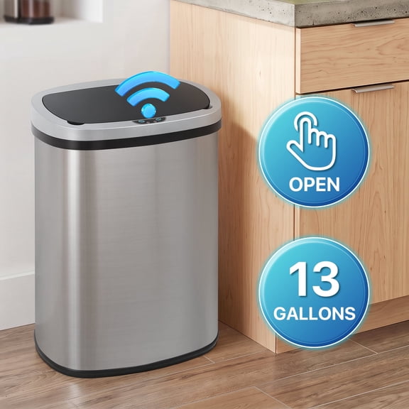 XF XINFENG 13 Gallon Automatic Stainless Steel Kitchen Trash Can with Lid, Touch-Free Motion Sensor Anti-Fingerprint Mute Waste Bin for Office Home, Silver