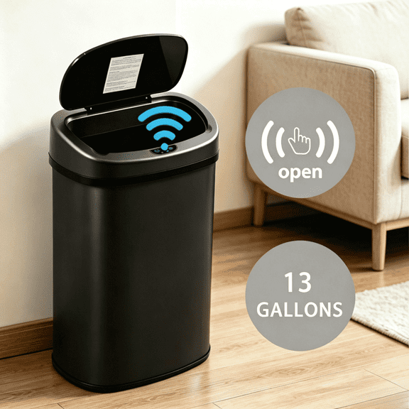 XF XINFENG 13 Gallon Trash Can Kitchen Bathroom Bedroom Stainless Steel Automatic Garbage Can with Odor Control System, 50 Liter No Touch Motion Sensor with Plastic Lid Brushed Waste Bin, Black