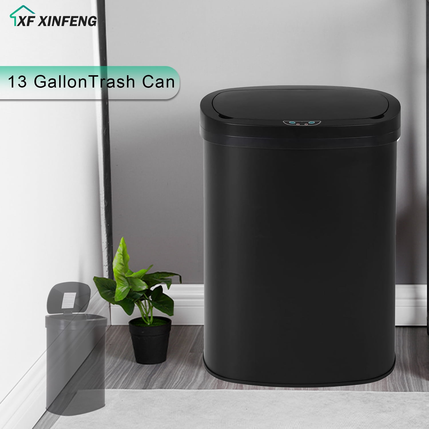 XF XINFENG 13 Gallon Trash Can Kitchen Bathroom Bedroom Stainless Steel Automatic Garbage Can with Odor Control System, 50 Liter No Touch Motion Sensor with Plastic Lid Brushed Waste Bin, Black