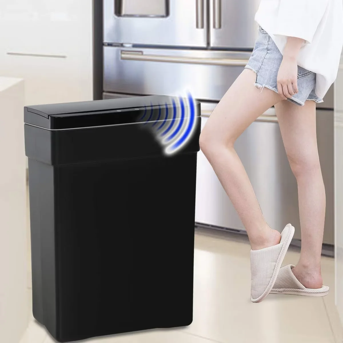 XF XINFENG 13 Gallon Trash Can Plastic Kitchen Trash Can Automatic Touch Free High-Capacity Garbage Can With Lid For Bedroom Bathroom Home Office 50 Liter,Black