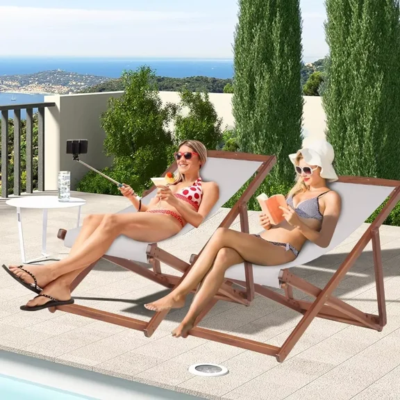 XF XINFENG 2 Set Outdoor Beach Sling Chair Reclining Height Patio Lounge Chair with Foldable Wood Frame and White Polyester,Khaki