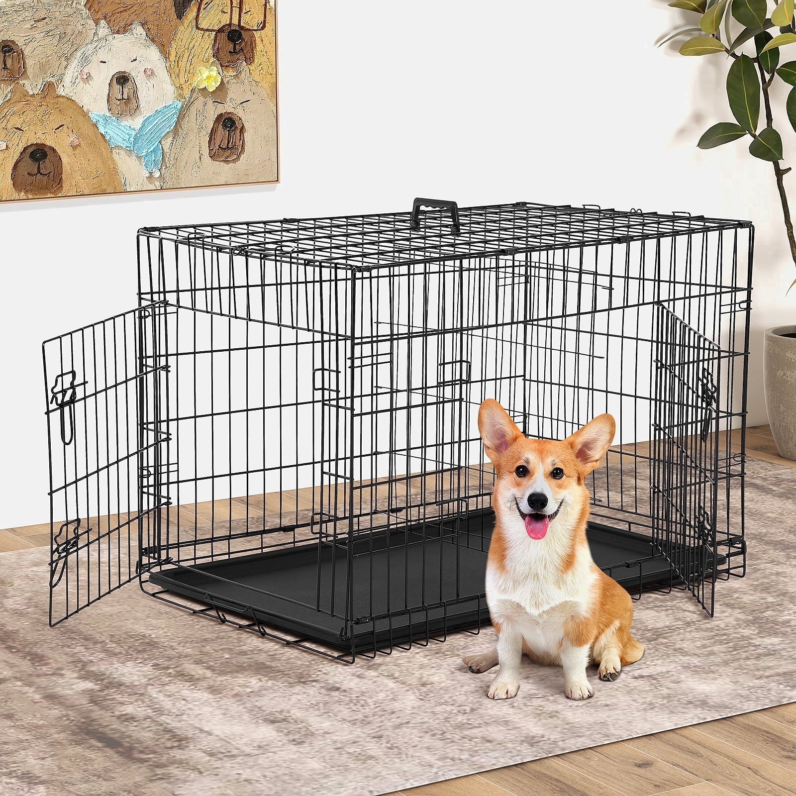 XF XINFENG 24" Heavy-Duty Foldable Metal Dog Crate for Small Dogs - Double-Door Design Dog Cage Kennel w/Divider, Tray & Handle (Black)