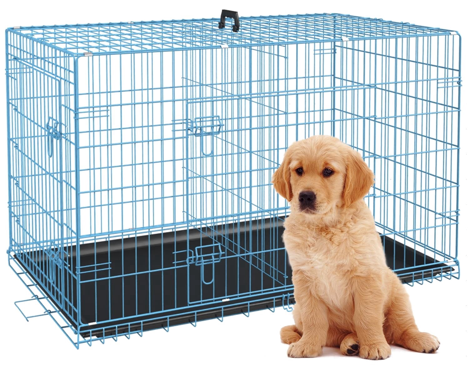 XF XINFENG 24 Inch Dog Crates for small dogs Folding Metal Kennel with Double Doors Leakproof Tray Portable Dog Cage for Travel, Indoor & Outdoor Use Blue
