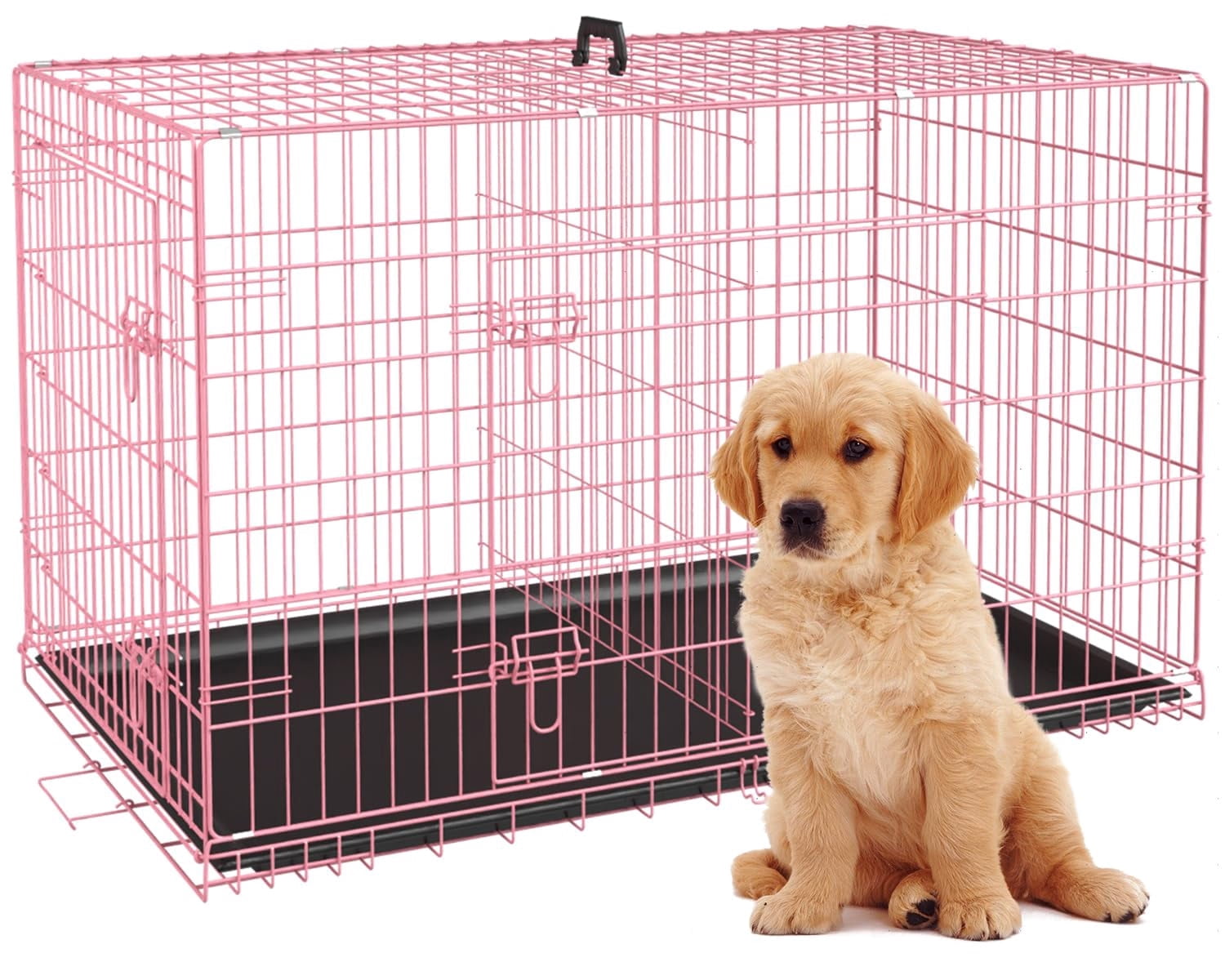 XF XINFENG 24 Inch Dog Crates for small dogs Folding Metal Kennel with Double Doors Leakproof Tray Portable Dog Cage for Travel, Indoor & Outdoor Use Pink