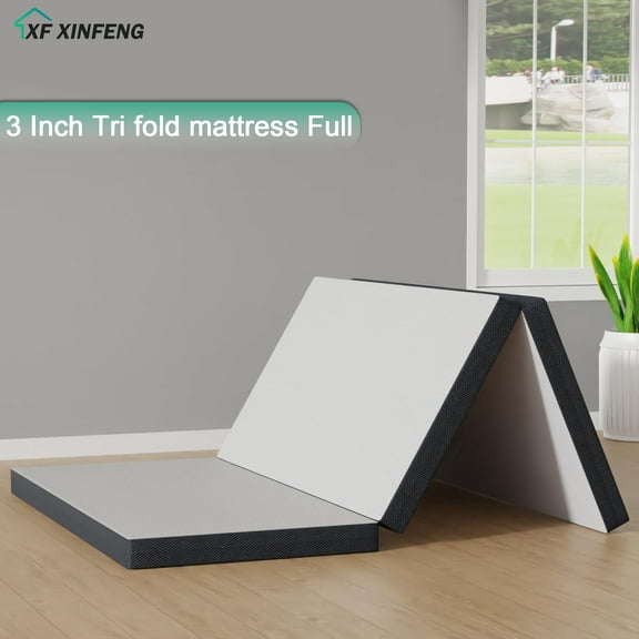 XF XINFENG 3 Inch Tri Fold Memory Foam Full Mattress, Portable Foldable, Medium, Topper with Washable, Cover Non-Slip Bottom for Camping Guest Floor RV, White, Full