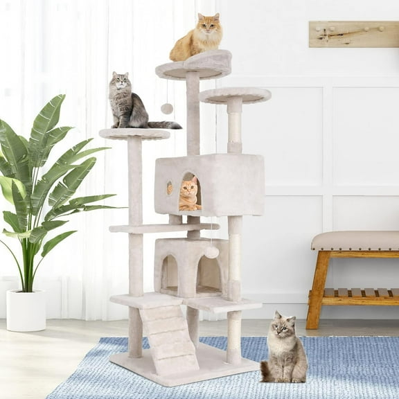 XF XINFENG 54.7 in 3-Level Cat Tree Tower Playhouse with Scratching Posts,Perch, Kittens, Sisal, Beige