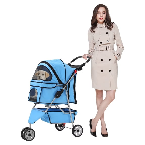 XF XINFENG 3 Wheeler Dog Stroller- Pet Stroller for Small Medium Dogs & Cats, Foldable Carrier Strolling Cart Pet Jogger with Zipper Door and Storage Basket Easy Walk Roadster for Puppy-Blue