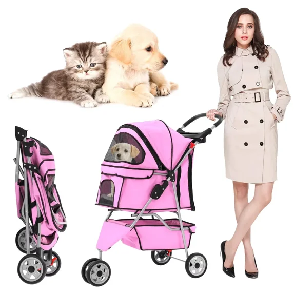 XF XINFENG 3 Wheeler Dog Stroller- Pet Stroller for Small Medium Dogs & Cats, Foldable Carrier Strolling Cart Pet Jogger with Zipper Door and Storage Basket Easy Walk Roadster for Puppy-Pink