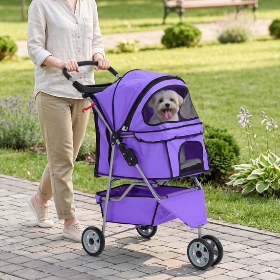 XF XINFENG 3 Wheeler Dog Stroller- Pet Stroller for Small Medium Dogs & Cats, Foldable Carrier Strolling Cart Pet Jogger with Zipper Door and Storage Basket-Purple