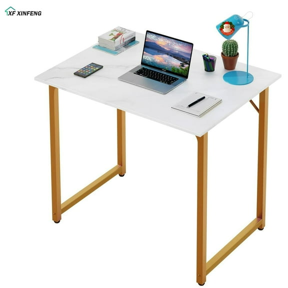 XF XINFENG 32-inch Modern Writing/Computer Desk/Table, Simple Study Table, Industrial Office Desk, Sturdy Table for Home/Office, White, Gold