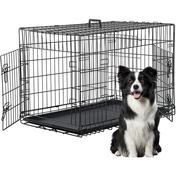 XF XINFENG Folding Dog Cage 36 inch Metal Wire Dog Crate with Tray, Double Door with Divider Panel, Pet Kennel for Indoor Outdoor, Black