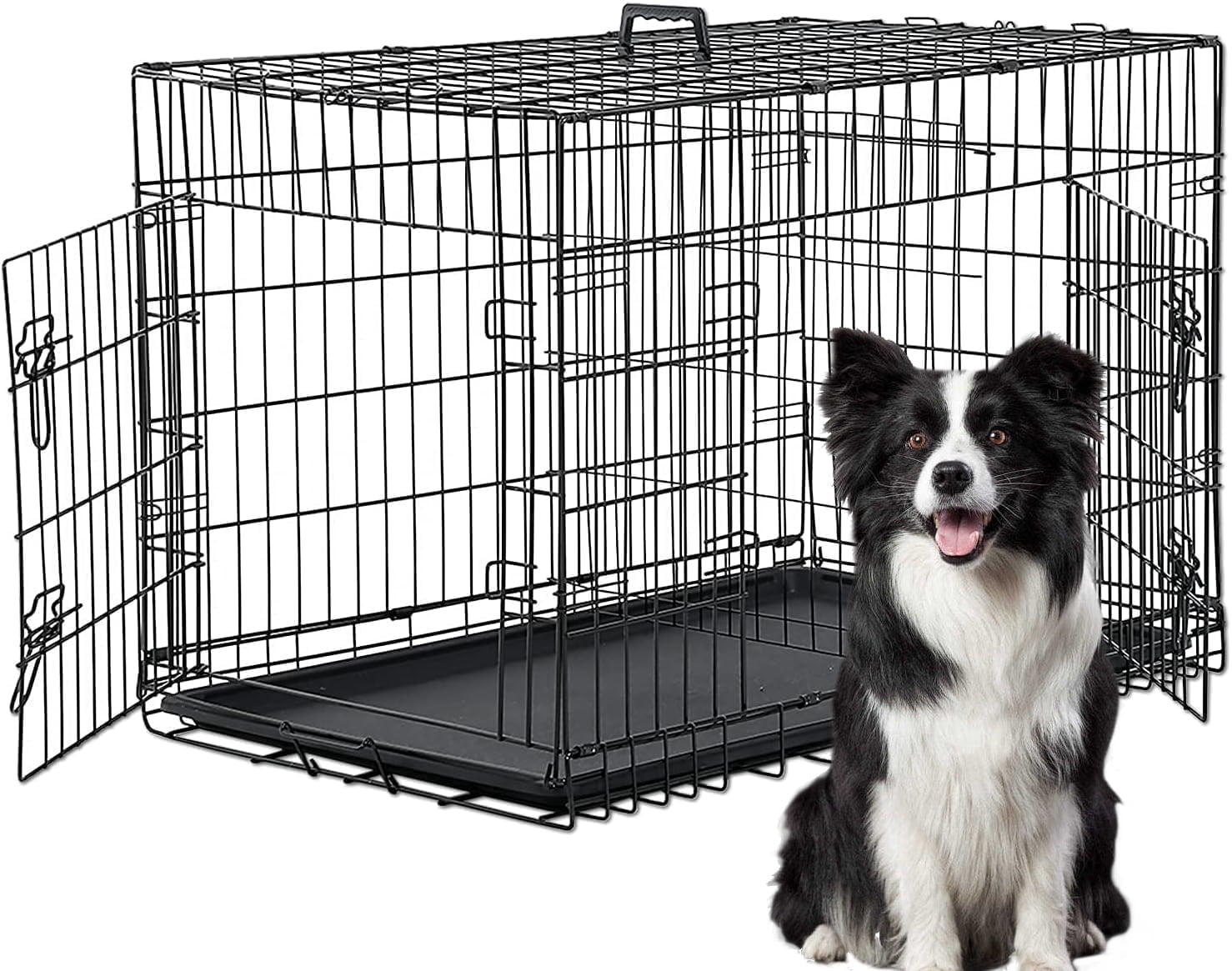 XF XINFENG Folding Dog Cage 36 inch Metal Wire Dog Crate with Tray, Double Door with Divider Panel, Pet Kennel for Indoor Outdoor, Black