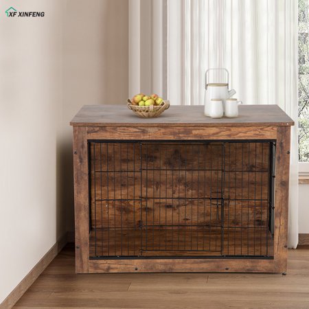 XF XINFENG 38-Inch Wooden Dog Crate Furniture with Cushion, 2-Door, Large Pet Kennel,Brown