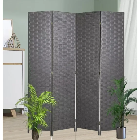 XF XINFENG 4-Panel Foldable Wooden Woven Room Divider, Home/Office, 6 ft, Gray