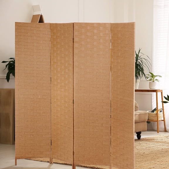 XF XINFENG 4-Panel Room Divider Privacy Screen,6ft Wooden Woven Folding Screen,Foldable Mesh Wall Divider, Freestanding Room Partitions/Separator/Dividers- Natural