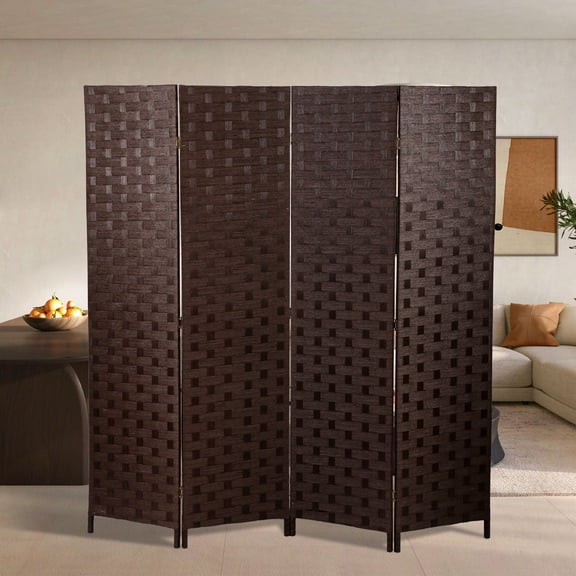 XF XINFENG 4-Panel Room Divider Privacy Screen,6ft Wooden Woven Folding Screen,Foldable Mesh Wall Divider, Freestanding Room Partitions/Separator/Dividers- Brown
