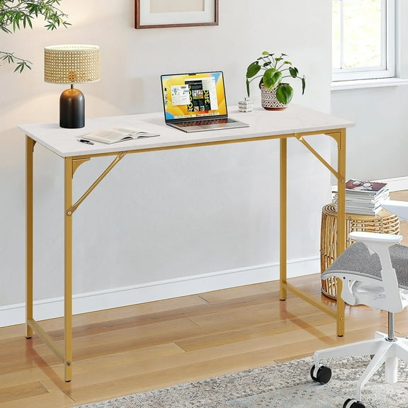 XF XINFENG 40 inch Computer Desk Modern Writing Simple Study Table, Industrial Sturdy Laptop Table for Home Office Floors , Adult Teen Child, White, Gold