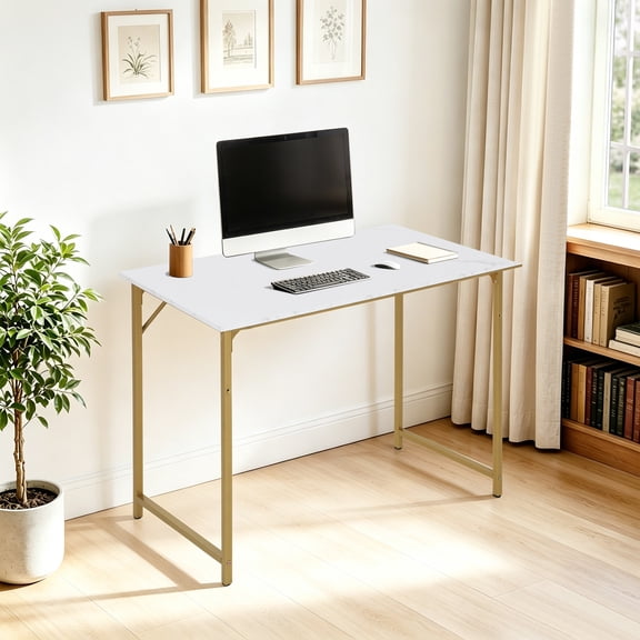 XF XINFENG 40 inch Computer Desk Modern Writing Simple Study Table, Industrial Sturdy Laptop Table for Home Office Floors , Adult Teen Child, White, Gold