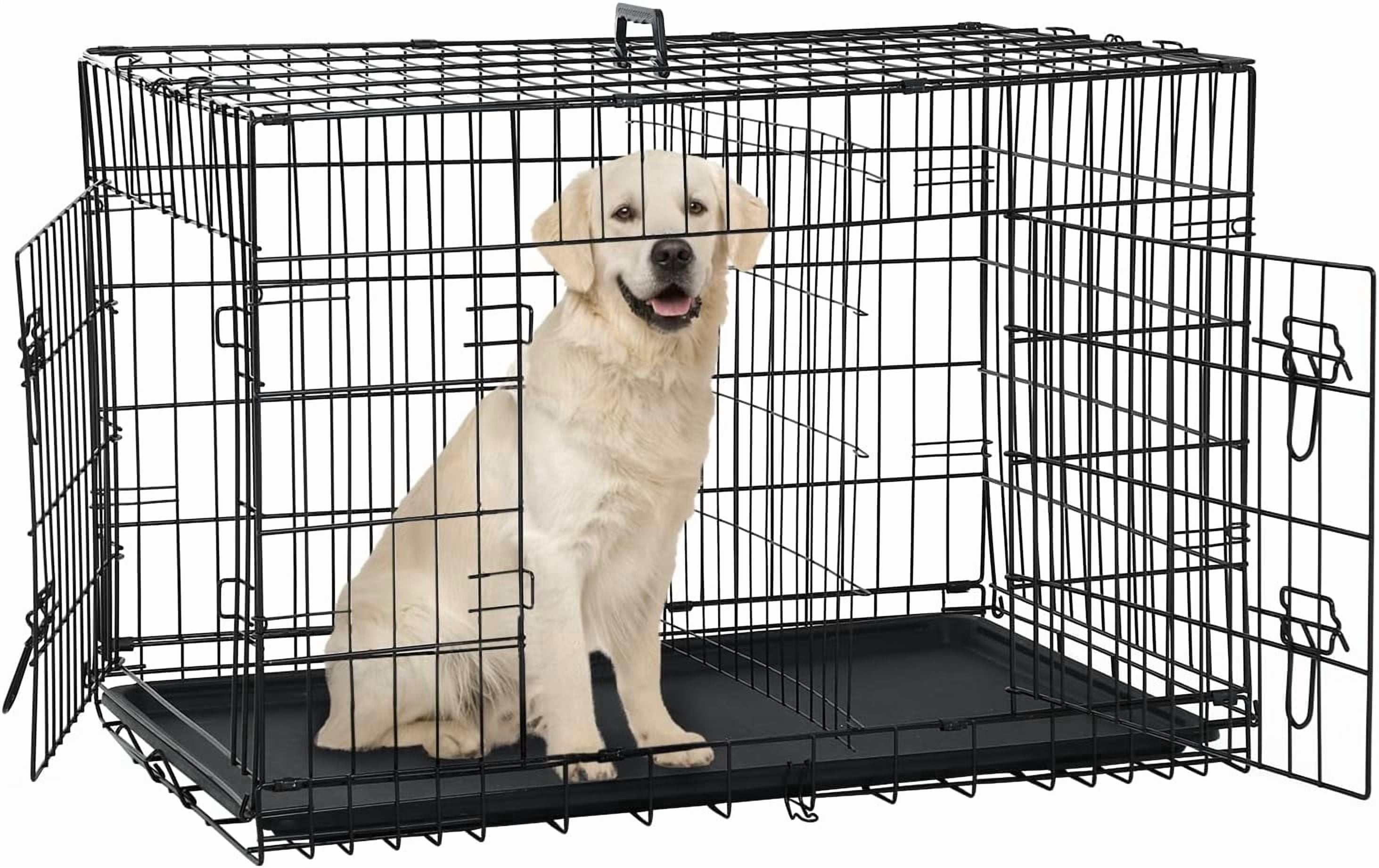 XF XINFENG 42 inch Folding Metal Dog Crate Indoor Outdoor Portable Dog Cage Kennel with Double-Door & Plastic Tray & Divider, Black