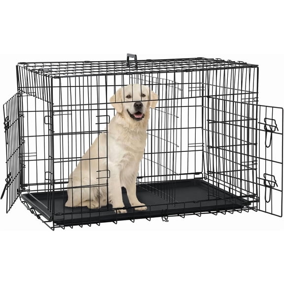 XF XINFENG 42 inch Folding Metal Dog Crate Indoor Outdoor Portable Dog Cage Kennel with Double-Door & Plastic Tray & Divider, Black