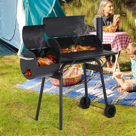 XF XINFENG 43 inch Charcoal Outdoor BBQ Grill Portable Offset Smoker with Wheels Side for Cooking Backyard Camping Picnics, Black