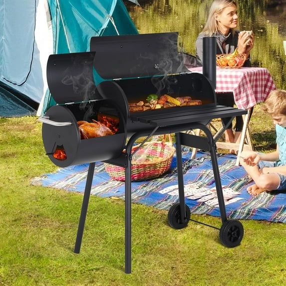 XF XINFENG 43 inch Charcoal Outdoor BBQ Grill Portable Offset Smoker with Wheels Side for Cooking Backyard Camping Picnics, Black