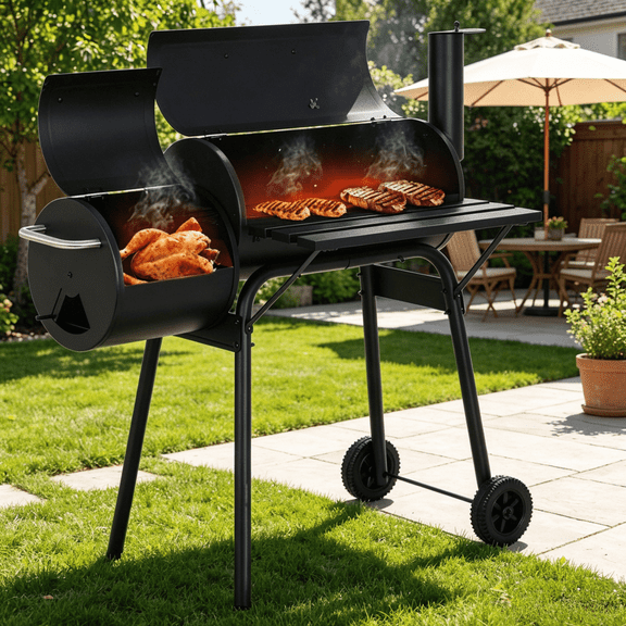 XF XINFENG 43 inch Charcoal Outdoor BBQ Grill Portable Offset Smoker with Wheels Side for Cooking Backyard Camping Picnics, Black