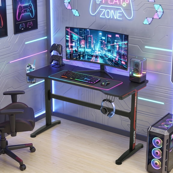 XF XINFENG 47 inch T-Shaped Gaming Desk with Headphone Hook, Sturdy Steel Frame, Adjustable Feet, Carbon Fiber Texture, Waterproof & Scratch-Resistant Surface, for Gaming and Home Office, Red