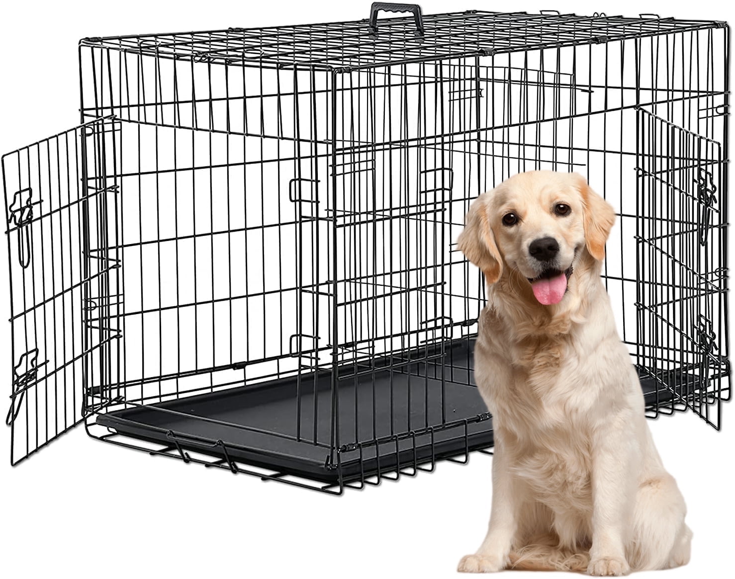 XF XINFENG 48 inch Folding Dog Crate Metal Dog Cage Kennel with Double-Door and Tray, Black