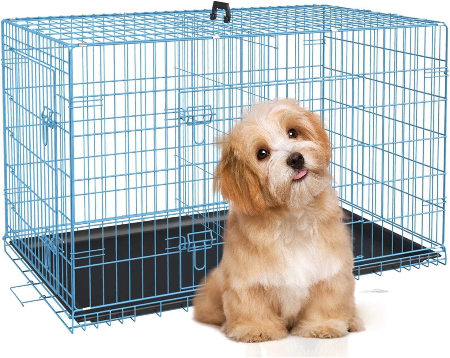 XF XINFENG 48 inch Folding Metal Dog Crate Indoor and Outdoor Includes Leak-Proof Pan, Floor Protecting feet，Divider Panel with Double-Door,Blue
