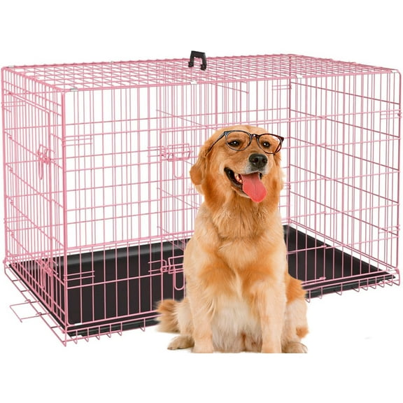 XF XINFENG 48 inch Folding Metal Dog Crate Indoor and Outdoor Includes Leak-Proof Pan, Floor Protecting feetDivider Panel with Double-Door,Pink