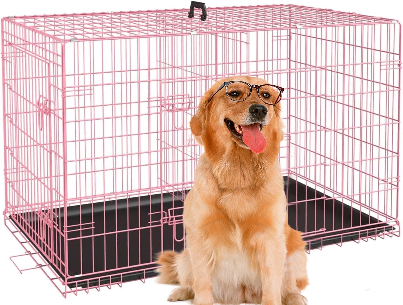 XF XINFENG 48 inch Folding Metal Dog Crate Indoor and Outdoor Includes Leak-Proof Pan, Floor Protecting feet，Divider Panel with Double-Door,Pink