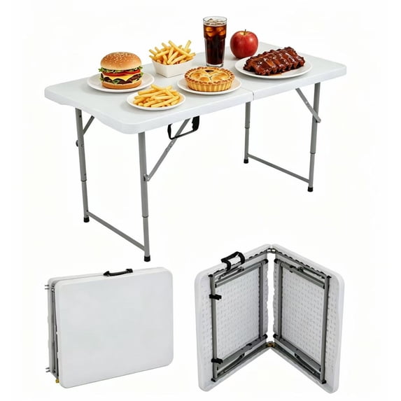 XF XINFENG 4ft Folding Table, Height Adjustable Heavy Duty Plastic Table with Handle – Portable for Camping, BBQ, Party, Home & Outdoor, White