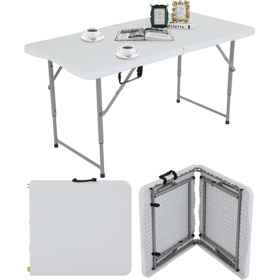 XF XINFENG 4ft Folding Table, Height Adjustable Table, Heavy Duty Plastic Table Portable Fold-in-Half Utility Table w/Handle & Lock for Camping BBQ Party Banquet Wedding Market Events, 330lbs